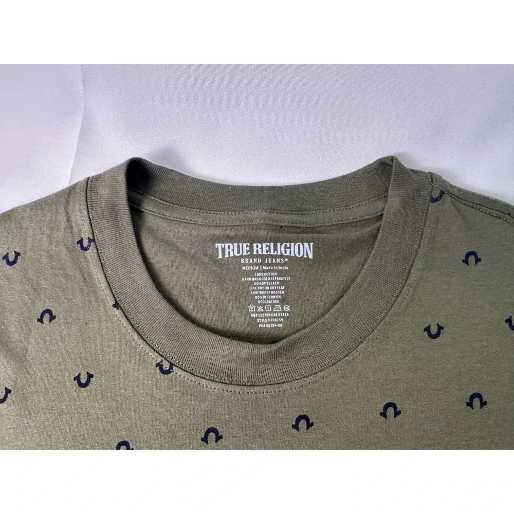 True Religion Men's Olive Green Mini Horseshoe Logo AOP Med Short Sleeve T-Shirt